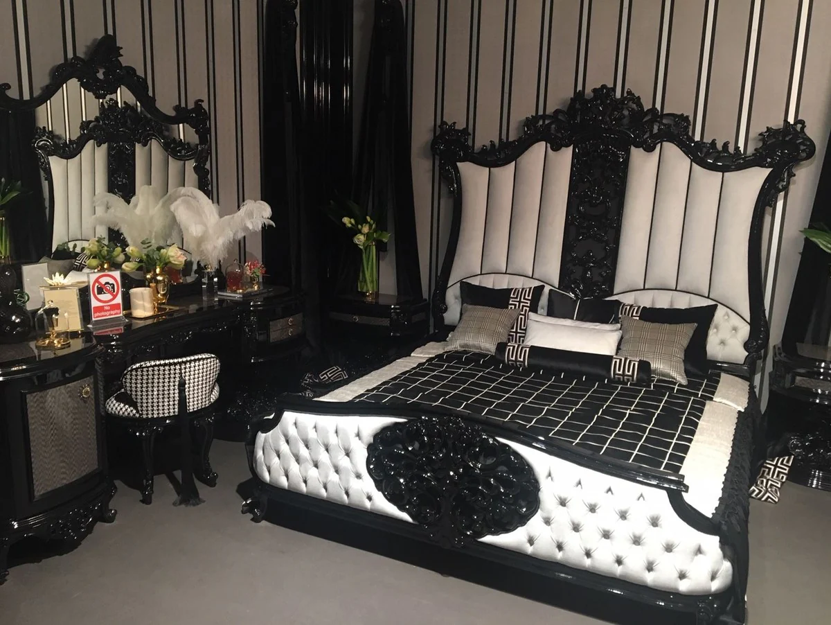 Luxury baroque bedroom set white / black / gray - 1 double bed with headboard & 2 nightstands - high-quality bedroom furniture in baroque style - noble and magnificent