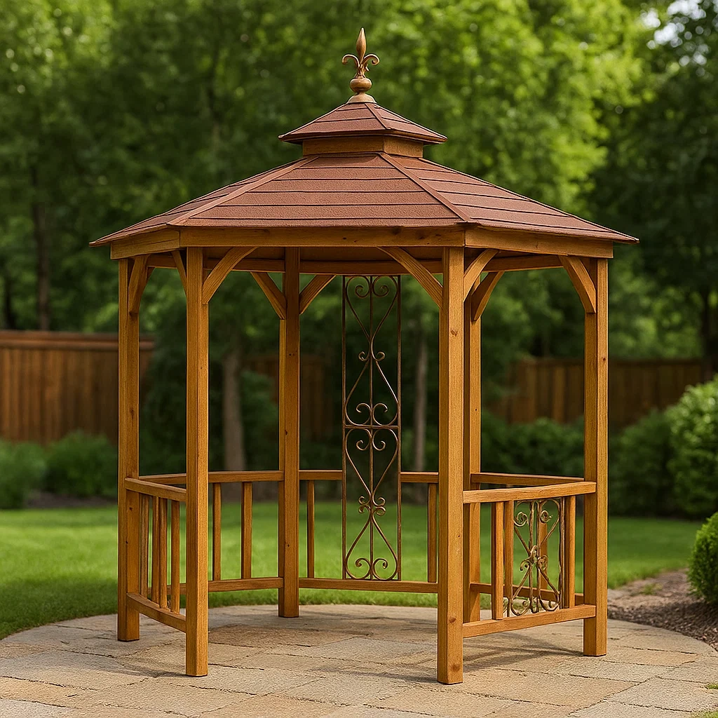 Sechseckige Pergola aus Massivholz, rotbraun, zweistufiges Dach, selbsttragende Konstruktion, 250 x 250 x 290 cm, für Garten oder Terrasse - 8j0WOR9GuLXe