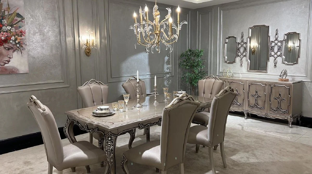 Luxury Baroque Dining Table Silver - Rectangular Baroque Style Kitchen Table - Luxury Dining Room Furniture in Baroque Style - Baroque Dining Room Furniture - Baroque Furnishings