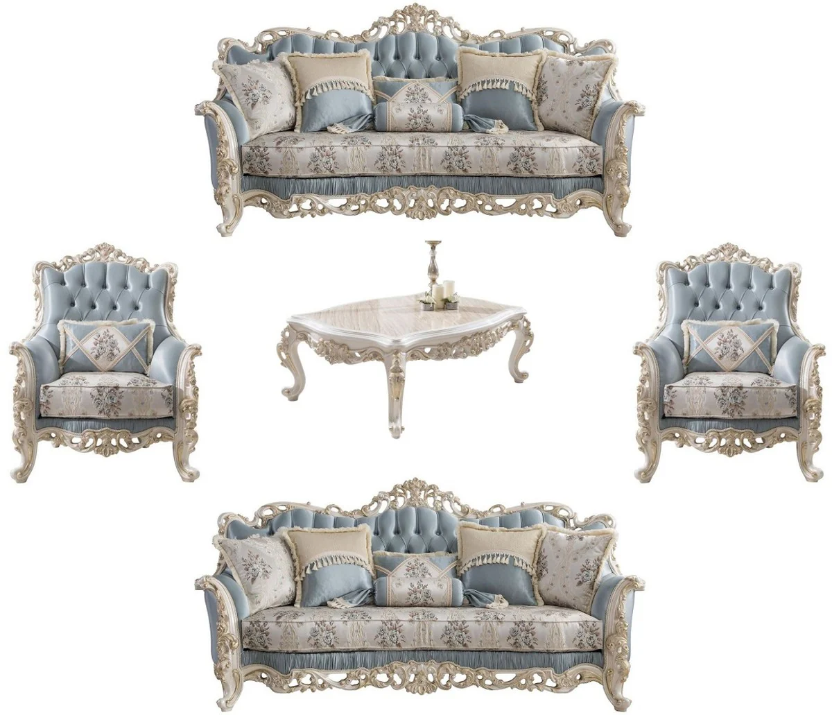 Luxus Barock Wohnzimmer Set Hellblau / Creme / Weiß / Gold - 2 Sofas & 2 Sessel & 1 Couchtisch - Edle Barock Wohnzimmer Möbel