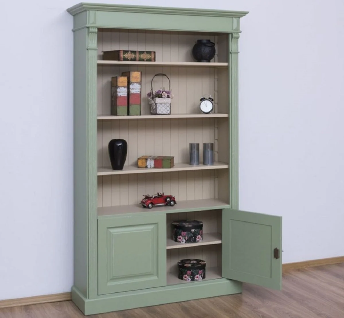 Country house style bookcase green / gray 120 x 39 x H. 197 cm - solid wood cupboard - living room cupboard - office cupboard - country house style furniture