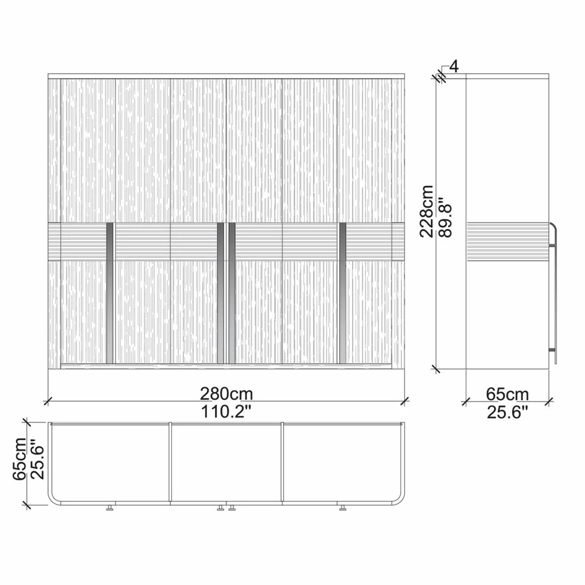 Luxus Schlafzimmerschrank Braun / Dunkelbraun / Messing 280 x 65 x H. 228 cm