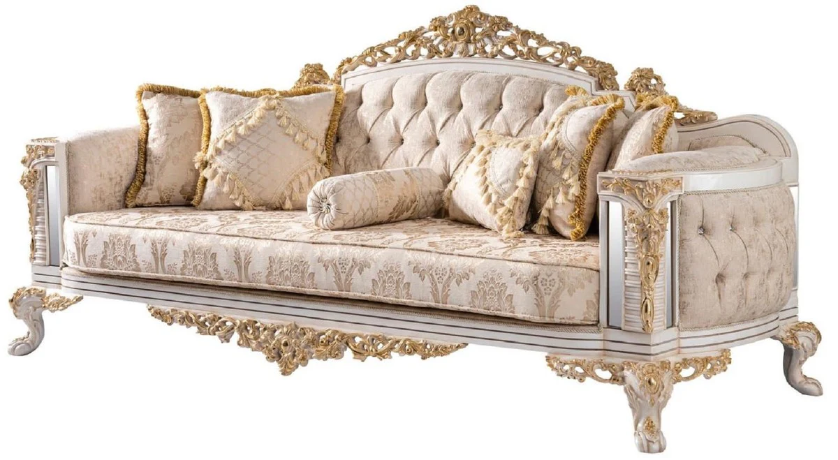 Luxury Baroque Sofa Beige / White / Gold - Magnificent Living Room Sofa with Glitter Stones - Baroque Style Living Room Furniture - Luxury Furniture in Baroque Style - Baroque Furnishings - Noble & Magnificent