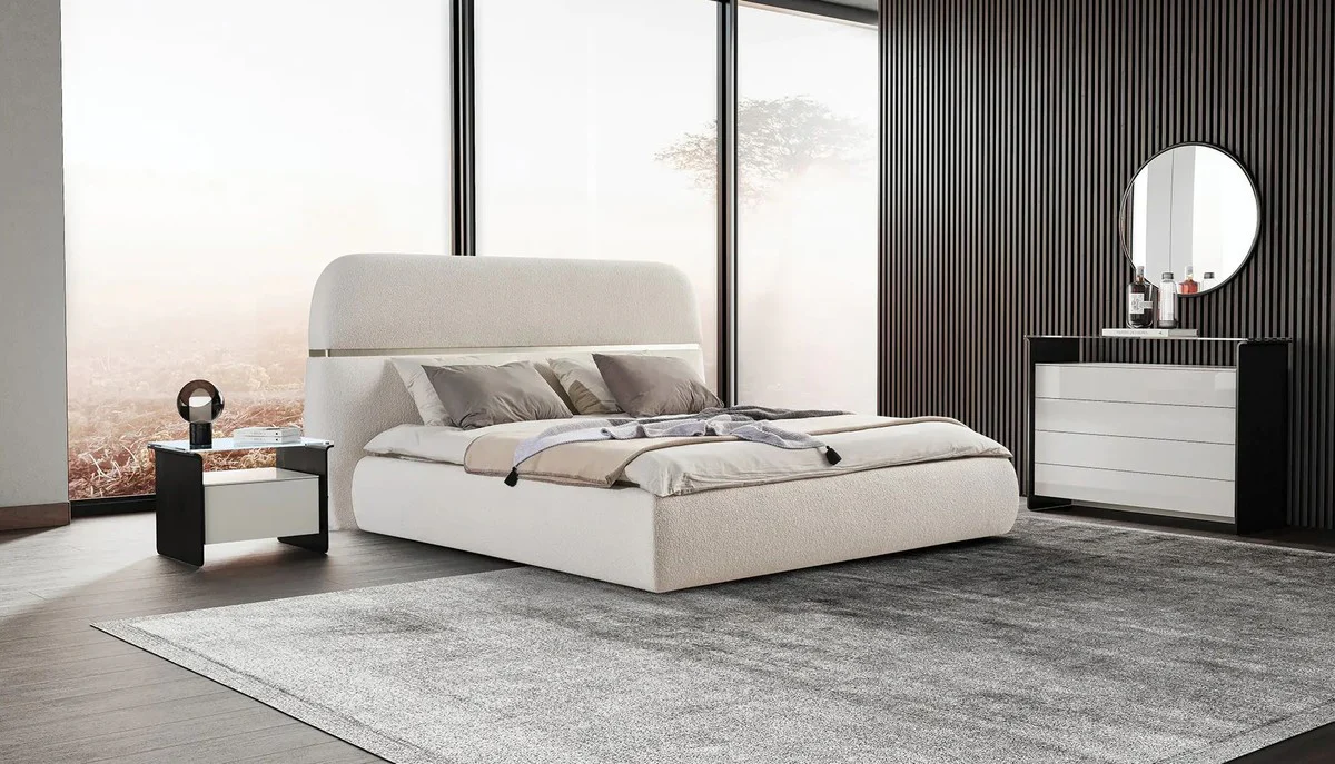 Luxury double bed cream / gold 230 x 244 x H. 130 cm - solid wood bed with headboard - bedroom furniture - hotel furniture - luxury furniture - luxury furnishings