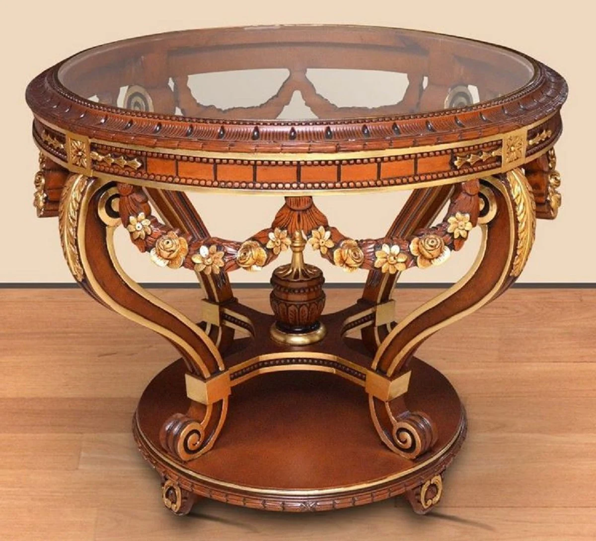 Baroque conference table brown / gold - round solid wood office table with glass top - baroque office furniture - noble and magnificent