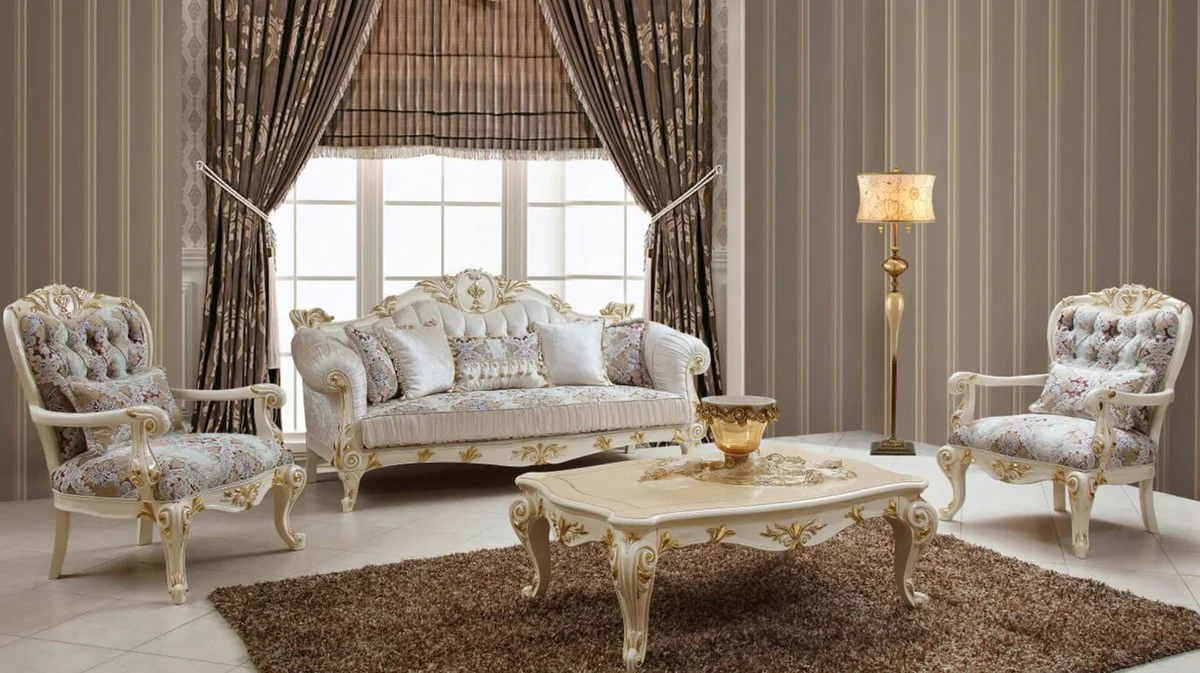 Luxus Barock Wohnzimmer Set Weiß / Braun / Mehrfarbig / Creme / Gold - 2 Barock Sofas & 2 Barock Sessel & 1 Barock Couchtisch - Luxus Wohnzimmer Möbel im Barockstil - Barock Möbel
