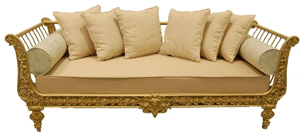 Luxury Baroque Sofa Gold 212 x 87 x H. 77 cm - Hand-forged wrought iron sofa with cushions - Living room sofa - Garden sofa - Patio sofa - Baroque furniture