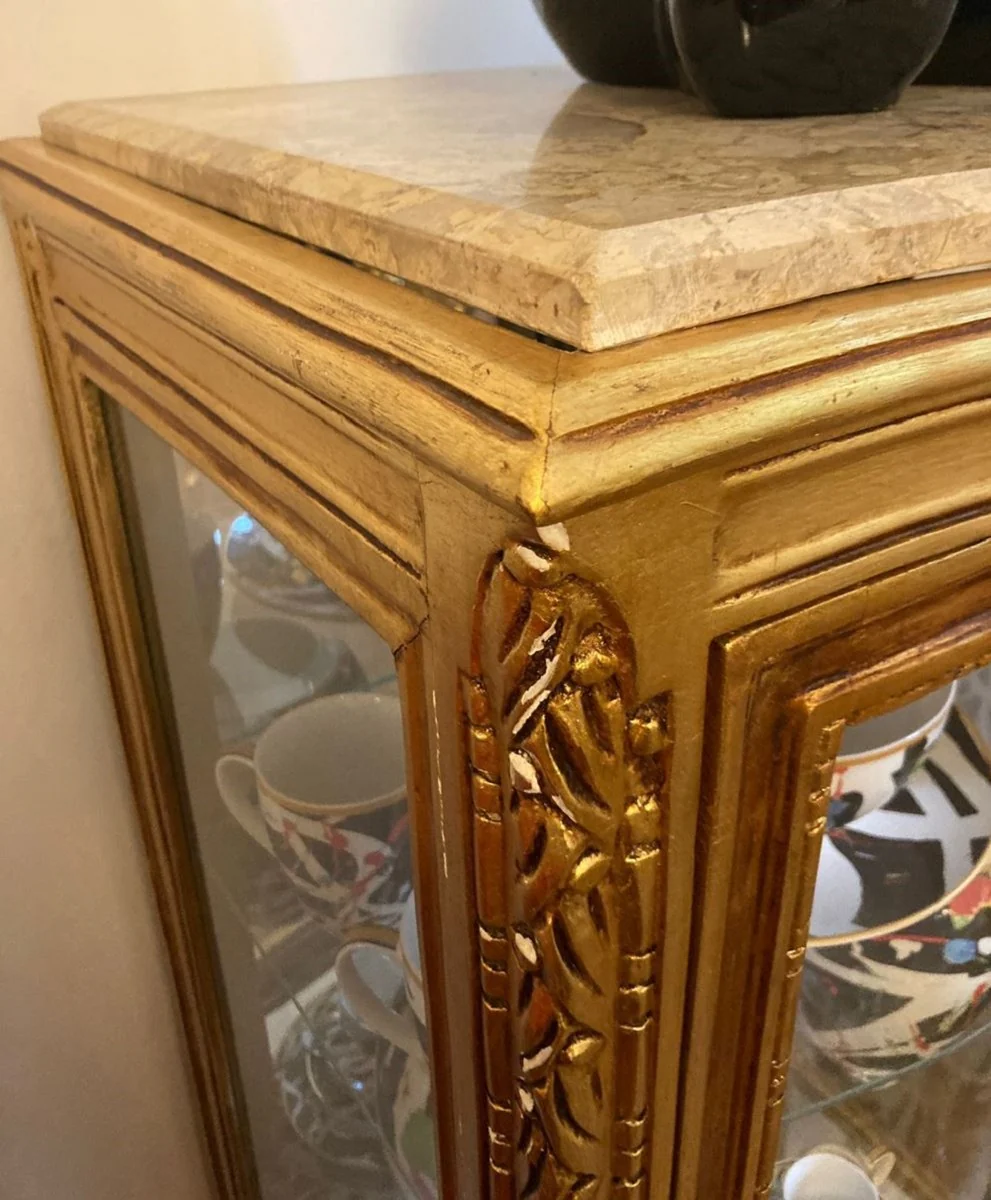 Barock Vitrine Gold / Creme - Handgefertigter Massivholz Vitrinenschrank mit Glastür und Marmorplatte - Wohnzimmer Möbel im Barockstil - Barock Möbel - Barock Einrichtung