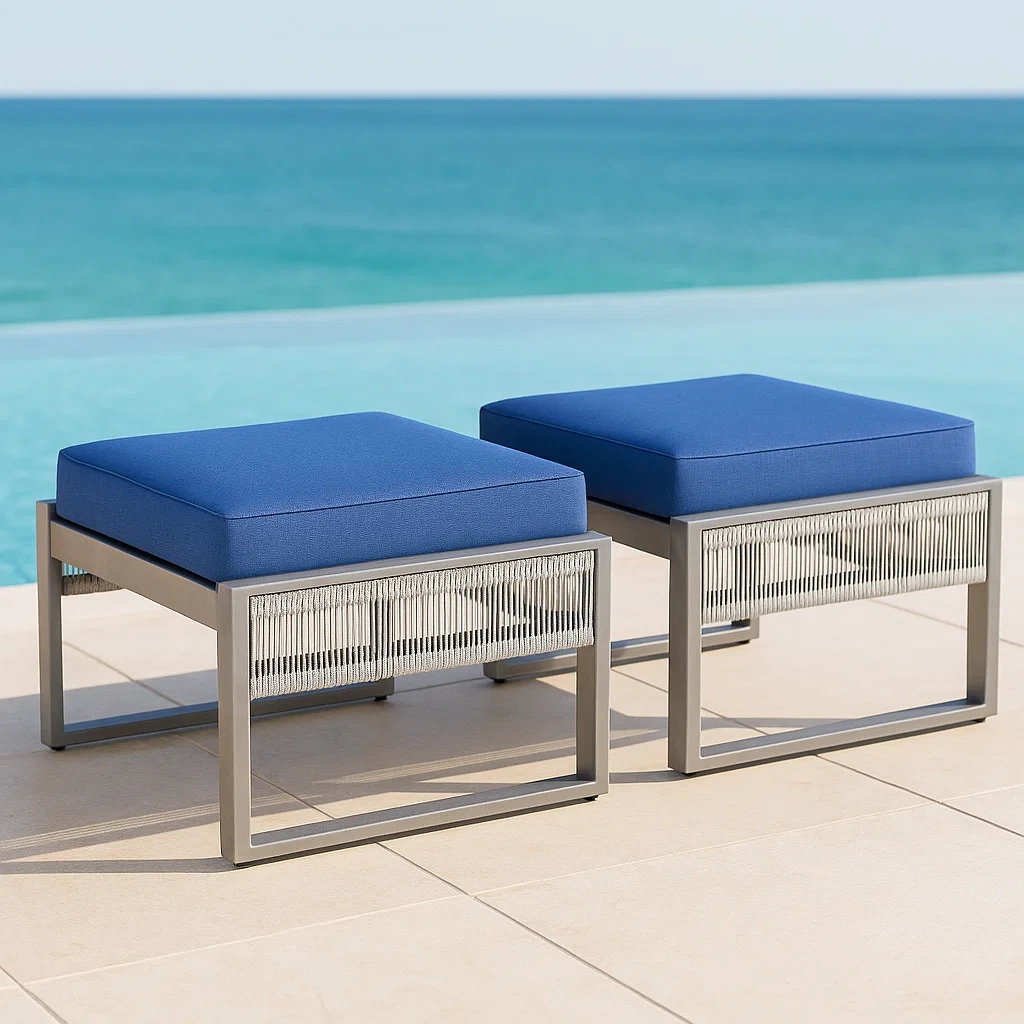 Gartenhocker-Set, 2-teilig mit Kissen, blau, Stahl und Olefin, für den Garten