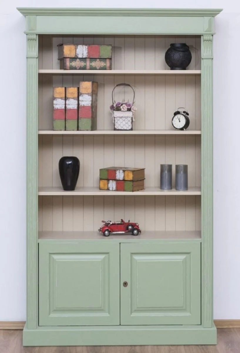 Country house style bookcase green / gray 120 x 39 x H. 197 cm - solid wood cupboard - living room cupboard - office cupboard - country house style furniture