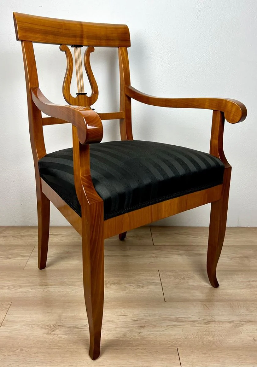 Luxury Biedermeier dining room chair with armrests and stripes brown / black 58 x H. 90 cm - Solid wood kitchen chair - Solid wood dining room furniture - Biedermeier dining room furniture