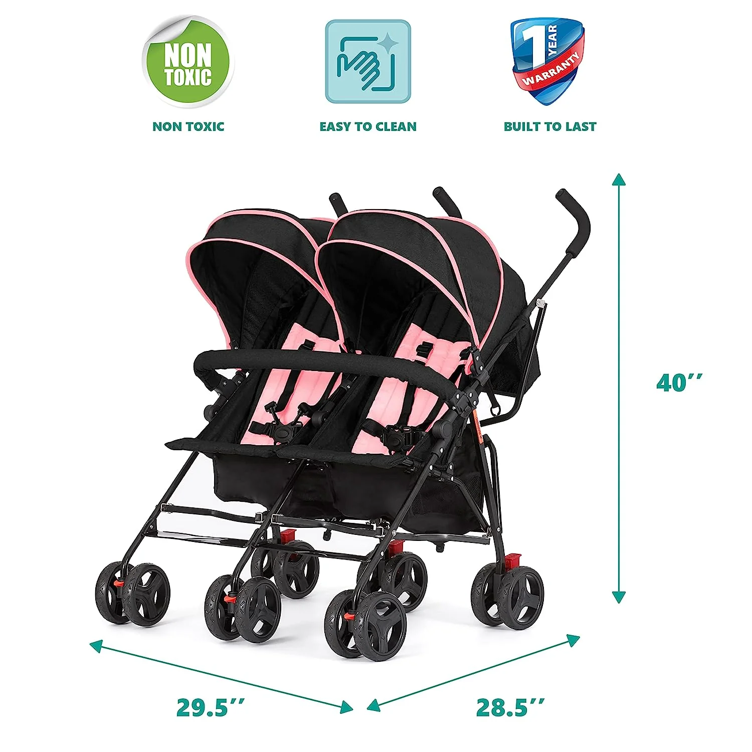 Zwillings-Regenschirm-Kinderwagen in Mint, leichter Doppel-Kinderwagen für Säuglinge und Kleinkinder, kompakt, einfach zusammenklappbar, großer Aufbewahrungskorb, großes und verstellbares Verdeck