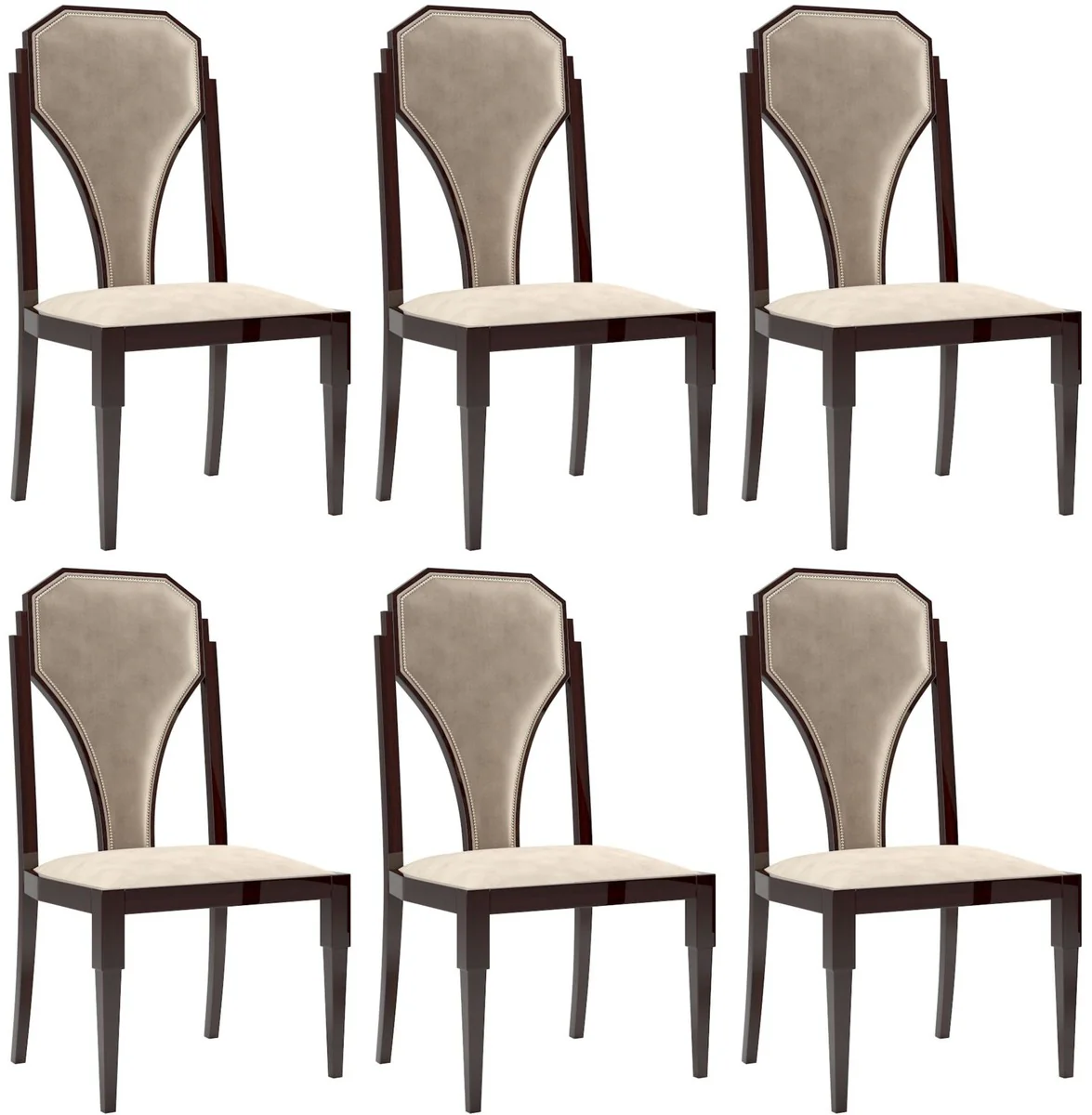 Luxury Art Deco dining room chair set beige / dark brown / silver 55 x 55 x H. 110 cm - Noble kitchen chairs set of 6 - Art Deco dining room furniture