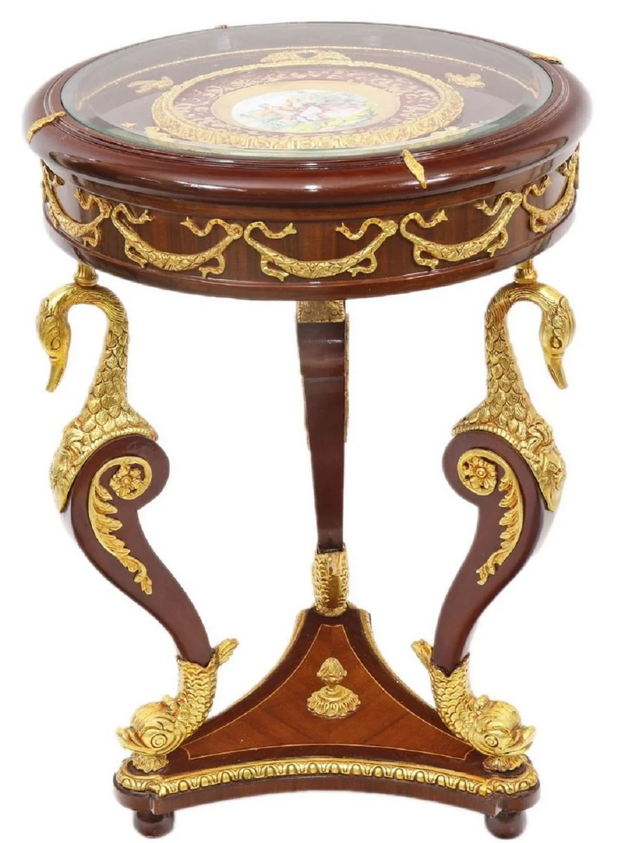 Baroque mahogany side table with glass top brown / gold Ø 55 x H. 78 cm - Magnificent round handmade and hand-painted table with beautiful decorations