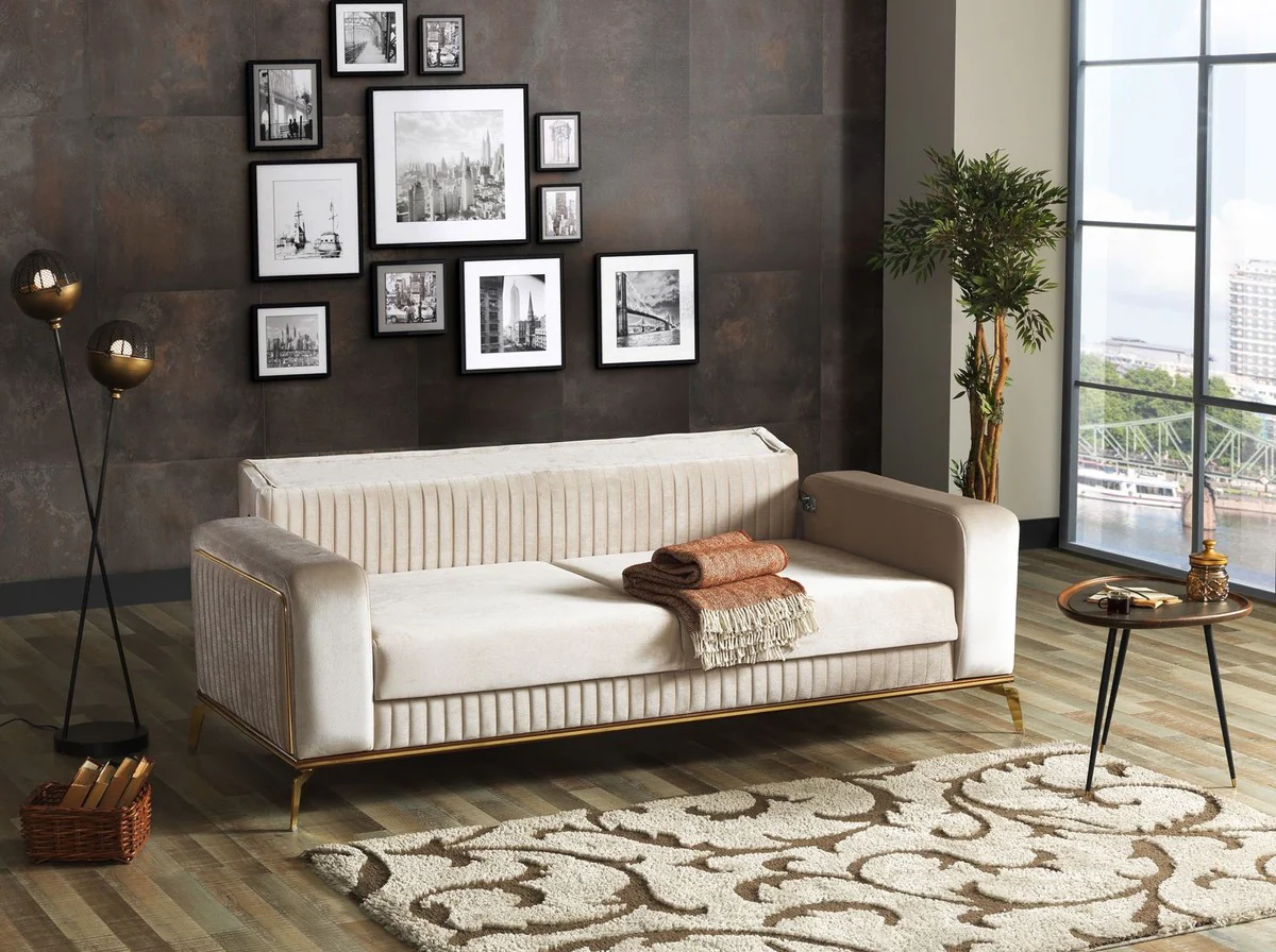 Luxury sofa bed cream / brown / gold 225 x 92 x H. 83 cm - living room sofa with 3 cushions - luxury living room furniture