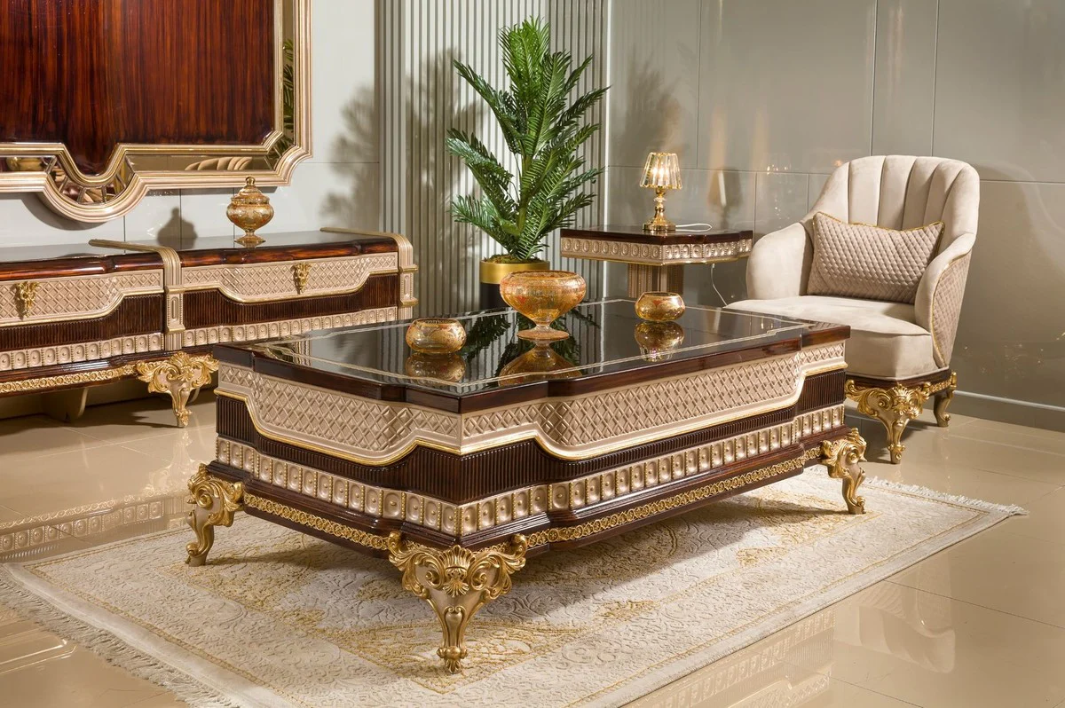 Luxury Baroque Coffee Table Dark Brown / Gray / Gold 156 cm - Baroque Furniture