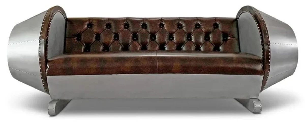 Chesterfield leather sofa silver / brown 240 x 82 x H. 91 cm - real leather living room sofa - airplane furniture - aviator furniture - Chesterfield furniture - living room furniture - real leather furniture