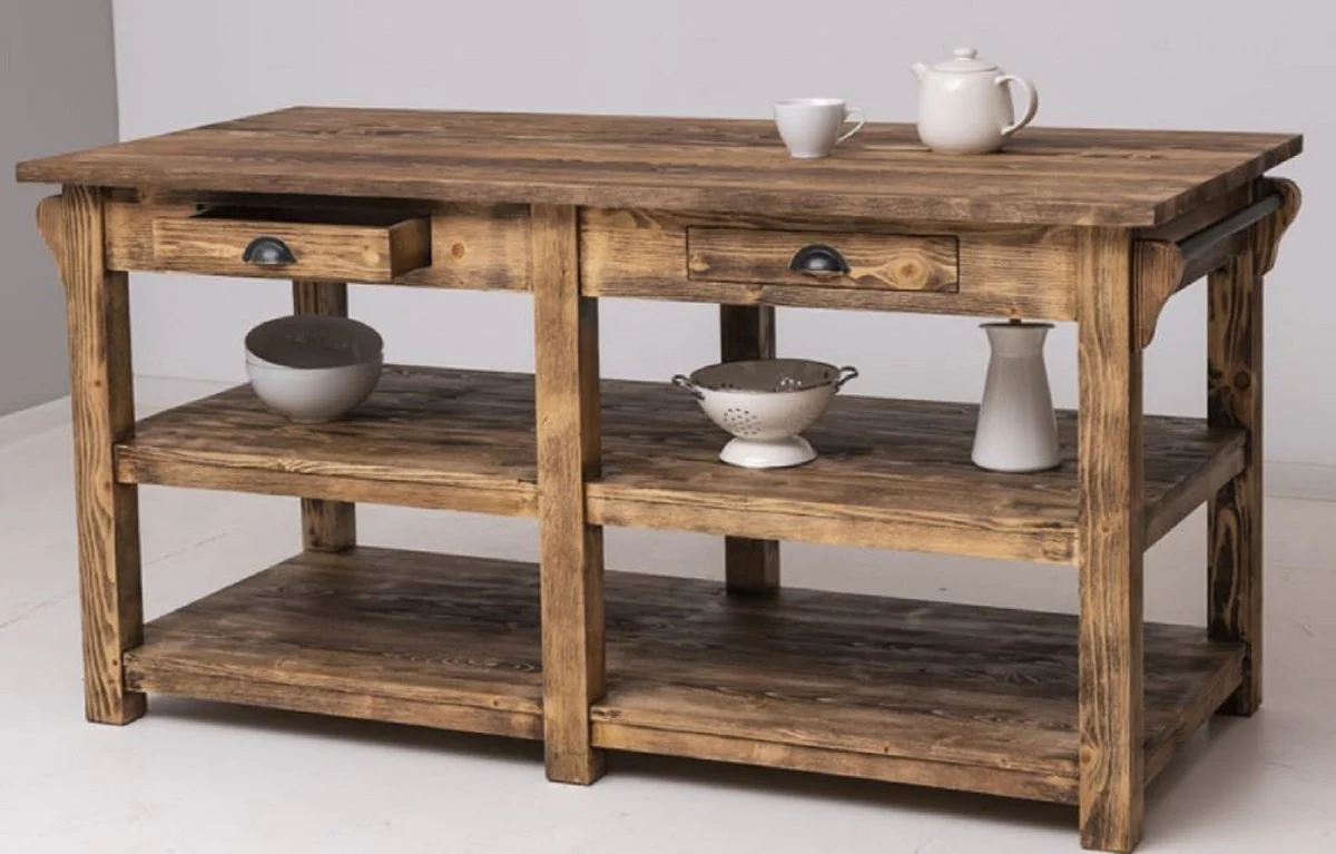 Country house style kitchen island brown 180 x 85 x H. 90 cm - solid wood kitchen island with 4 drawers - dining room furniture - kitchen furniture - country house style furniture