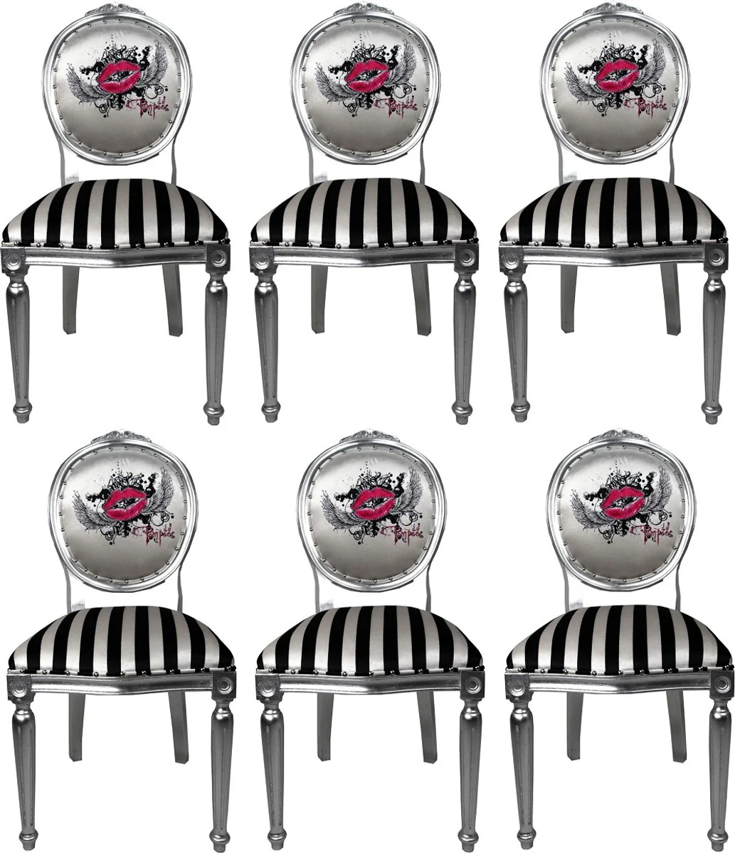 Pompöös by Luxury Baroque Dining Room Chairs Pink Lips Black / White Stripes / Silver - Pompöös Baroque Chairs designed by Harald Glööckler - 6 dining chairs