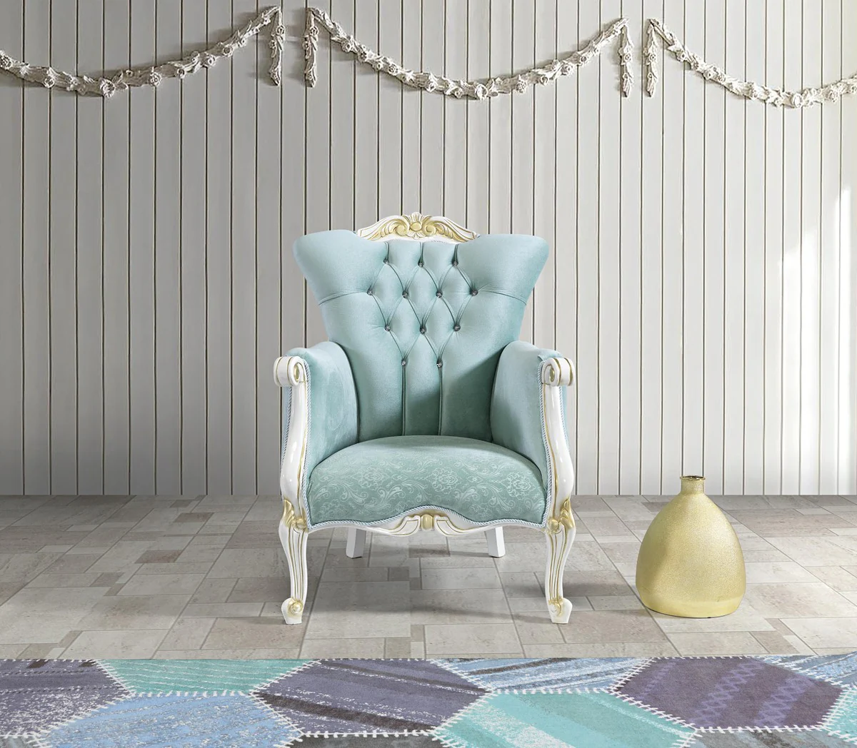 Baroque living room set light green / white / gold - 2 sofas & 2 armchairs & 1 coffee table - noble living room furniture in baroque style