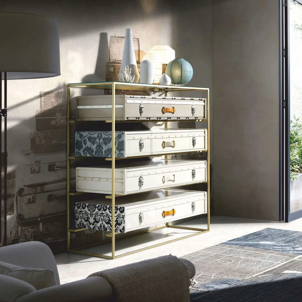 Luxus Designer Koffer Kommode mit 4 Schubladen Bunt - Luxus Möbel