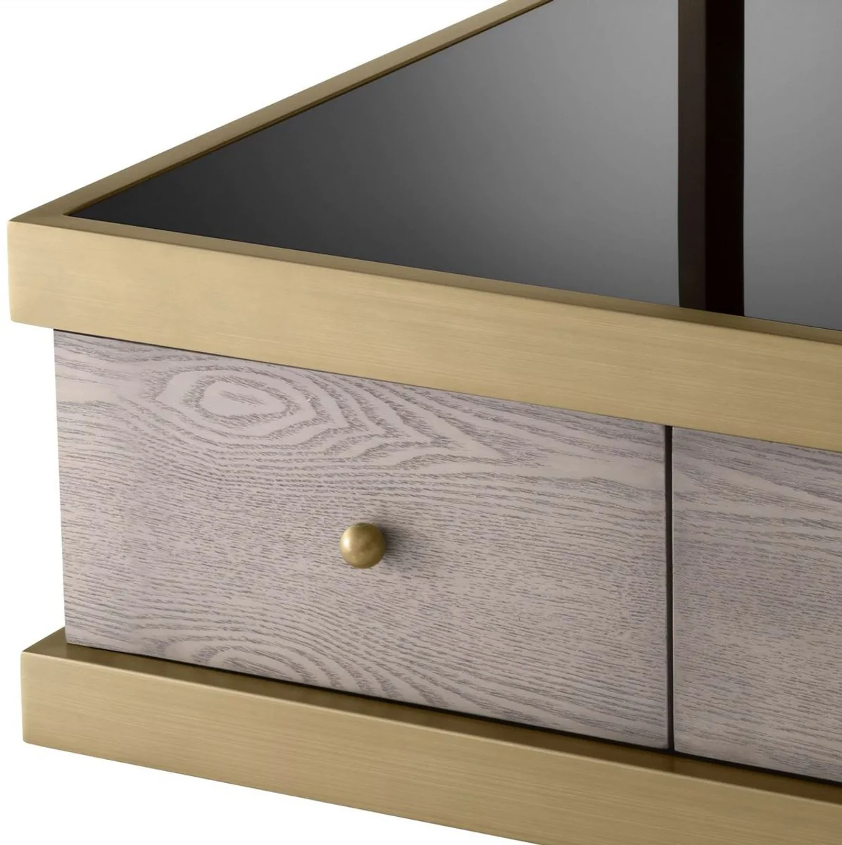 Luxury side table brass / gray / black 70 x 75 x H. 58 cm - Living room side table with 2 drawers and 2 glass plates - Living room furniture - Luxury furniture - Luxury furnishings