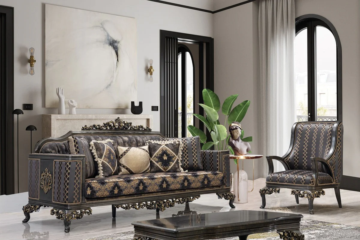 Luxury baroque sofa purple / gray / gold - baroque style living room sofa with elegant pattern - luxury living room furniture in baroque style - baroque furniture - baroque furnishings