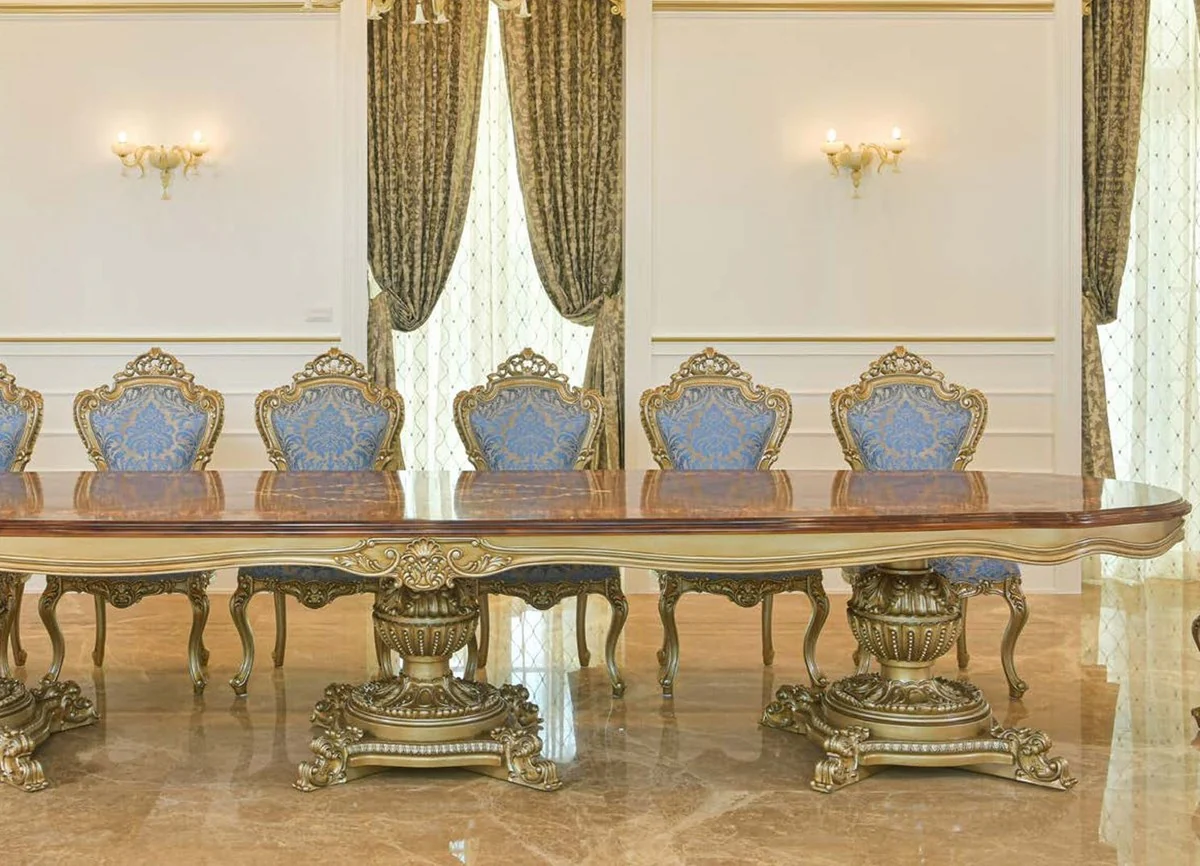 Luxury Baroque Dining Table Brown Intarsia / Gold 420 cm - Baroque Furniture - Made in Italy