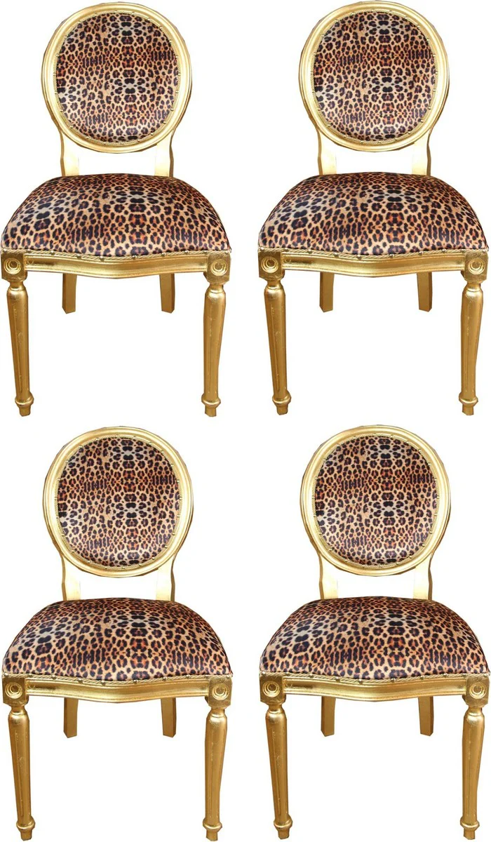 Luxury Baroque dining room set medallion leopard / gold 50 x 52 x H. 99 cm - 4 handmade dining chairs - Baroque dining room furniture