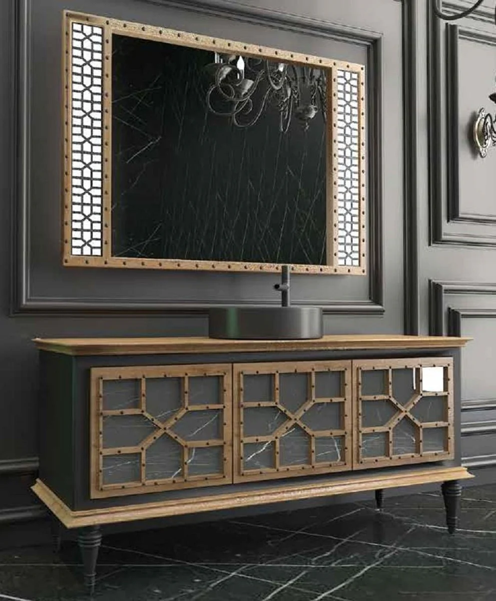 Luxury bathroom set natural color / black - 1 washbasin with 3 doors and 1 sink and 1 wall mirror - luxury quality