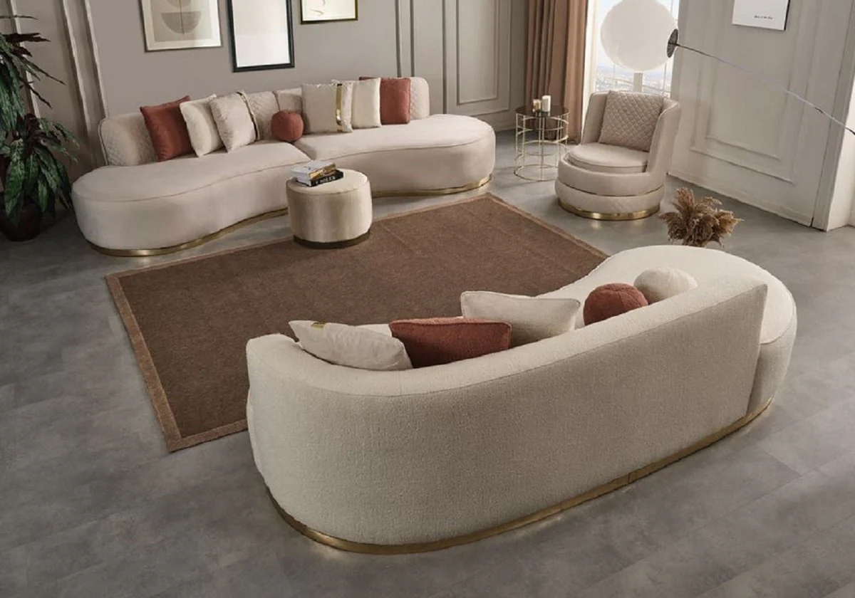 Luxus Wohnzimmer Set Creme / Gold - 2 Luxus Sofas & 1 Luxus Drehsessel & 1 Luxus Hocker - Wohnzimmer Möbel - Luxus Möbel - Luxus Einrichtung - Wohnzimmer Einrichtung