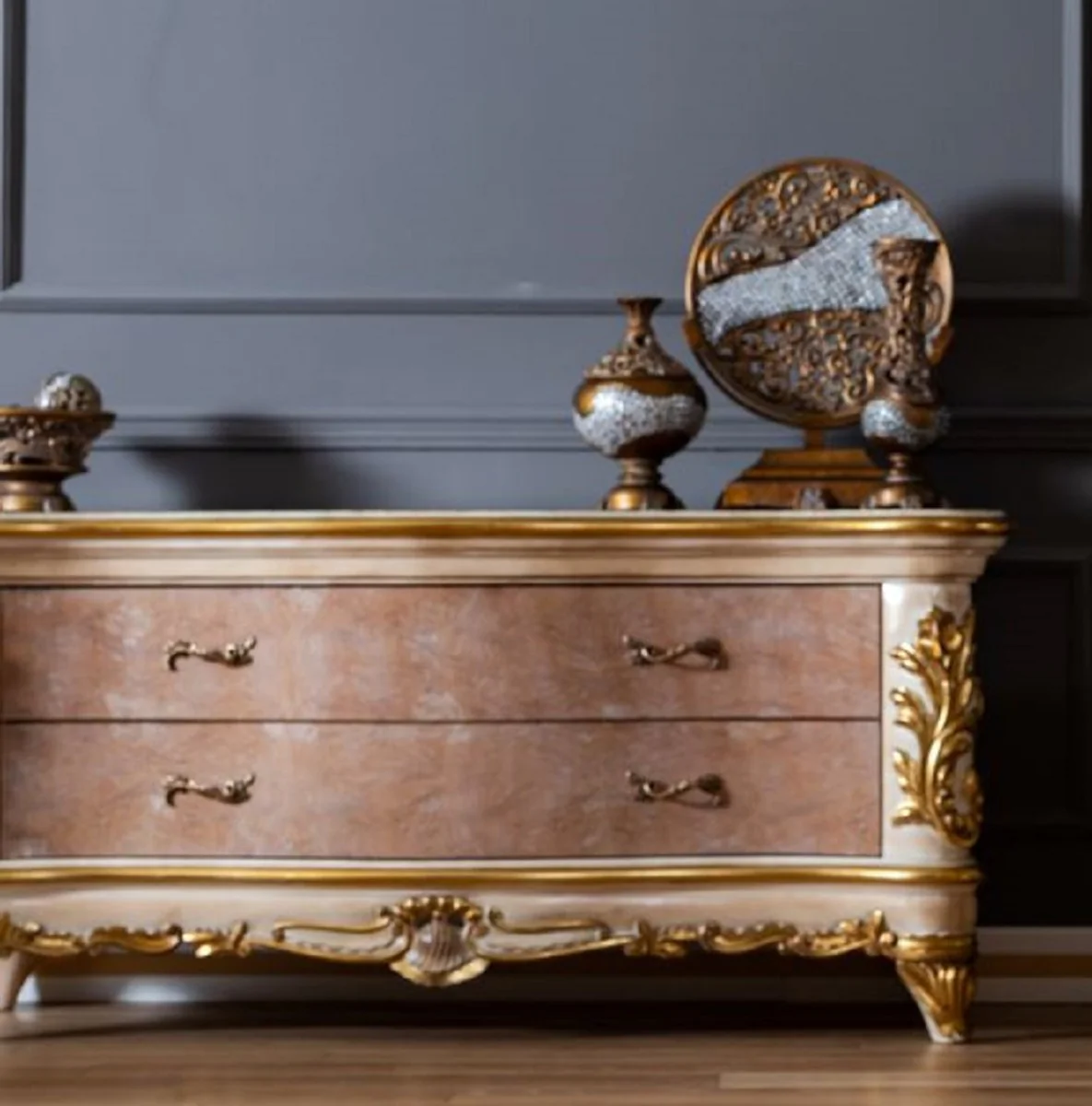 Luxury baroque chest of drawers beige / white / gold - magnificent solid wood cabinet with 2 drawers - baroque furniture