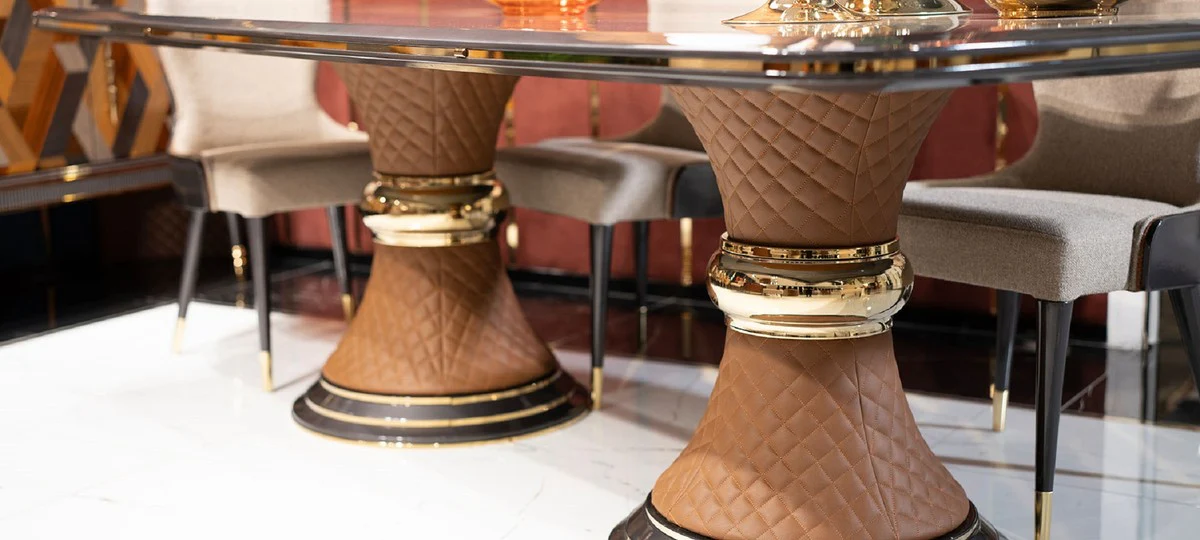 Luxury Art Deco Dining Room Set Cream / Gray / Multicolor / Brown / Gold - 1 Luxury Art Deco Dining Table & 6 Luxury Art Deco Dining Room Chairs - Luxury Art Deco Dining Room Furniture