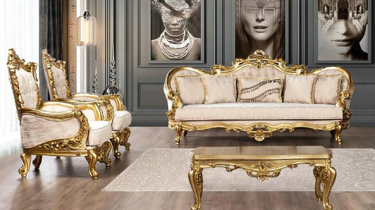 Luxus Barock Wohnzimmer Set Cremefarben / Gold - 2 Barock Sofas & 2 Barock Sessel & 1 Barock Couchtisch - Barock Wohnzimmer Möbel