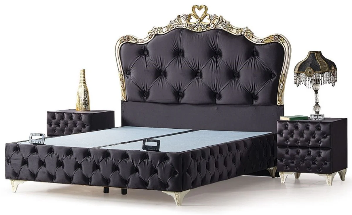 Luxury Baroque Bedroom Furniture Set Black / Cream / Gold - Various Sizes - 1 Baroque Double Bed & 2 Baroque Nightstands - Baroque Bedroom & Hotel Furniture