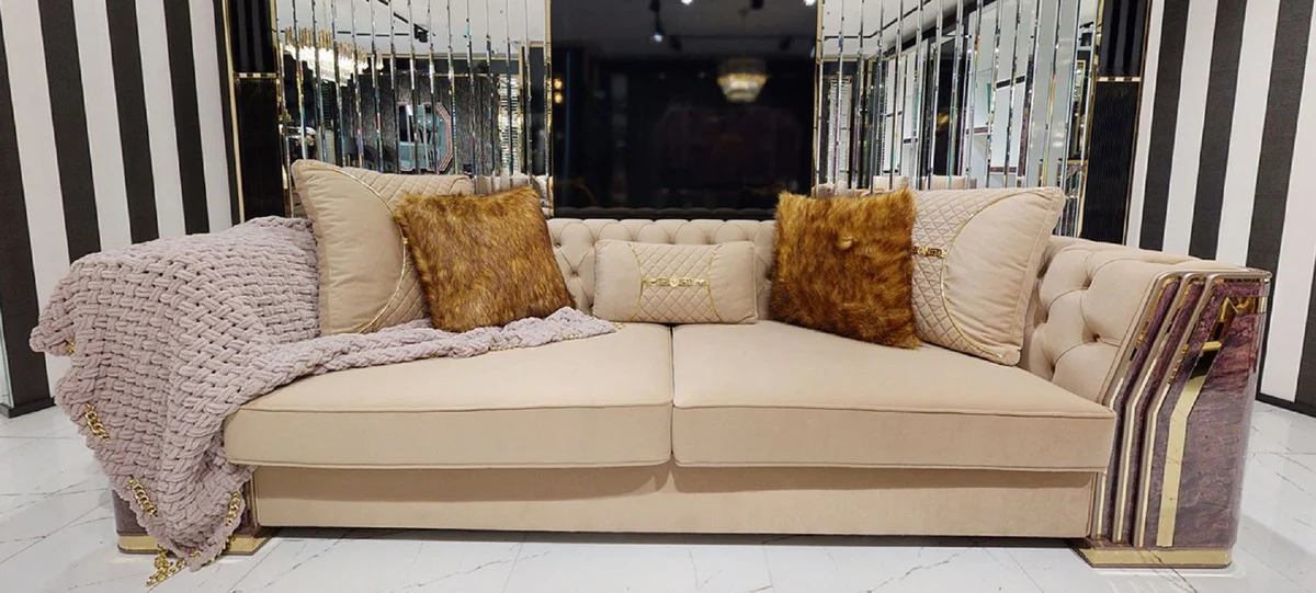 Luxury Art Deco Chesterfield Sofa Beige / Purple / Gray / Gold - Elegant living room sofa with marble look - Luxury Art Deco living room & hotel furniture