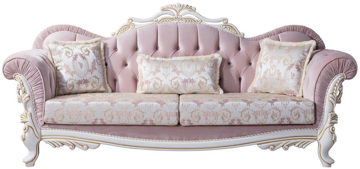 Luxury baroque sofa with decorative pillows pink / silver / white / gold 243 x 90 x H. 110 cm - baroque style living room furniture