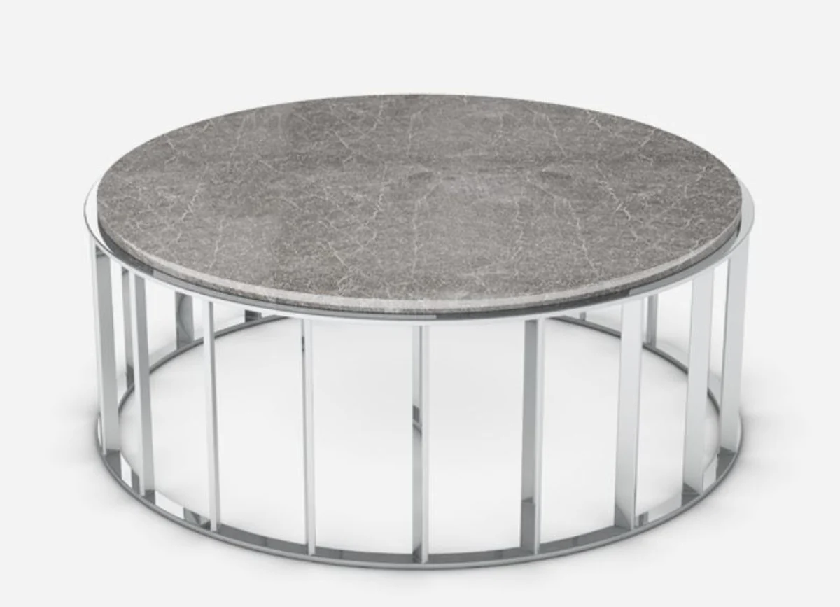 Luxury coffee table gray / silver Ø 100 x H. 42 cm - Round living room table with Emperador marble top and stainless steel frame - Living room furniture - Luxury quality