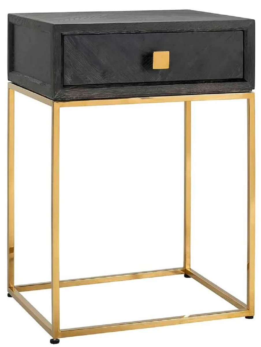 Luxury side table black / gold 50 x 40 x H. 71 cm - solid wood bedside table with drawer and stainless steel frame - luxury bedroom furniture