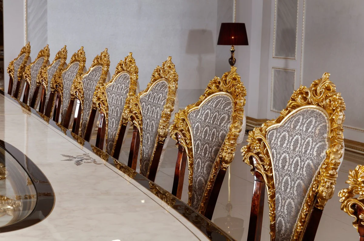 Luxury Baroque Dining Room Set White / Brown / Gray / Gold - 1 Baroque Dining Table & 22 Baroque Dining Chairs - Hotel Furniture - Castle Furniture - Palace Furniture - Luxury Furniture in Baroque Style