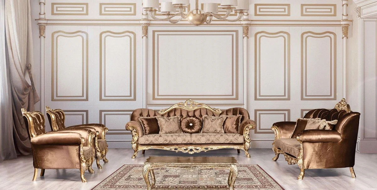 Luxus Barock Wohnzimmer Set Braun / Antik Gold - 2 Barock Sofas mit Muster & 2 Barock Sessel mit Muster & 1 Barock Couchtisch - Barock Wohnzimmer Möbel
