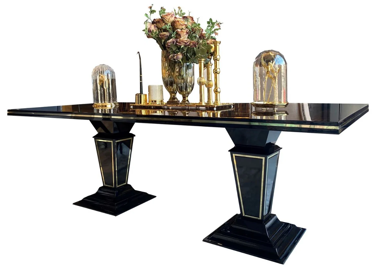 Luxury Art Deco dining table dark brown / black / gold 220 x 110 x H. 76 cm - Elegant dining room table with glass top - Art Deco dining room furniture