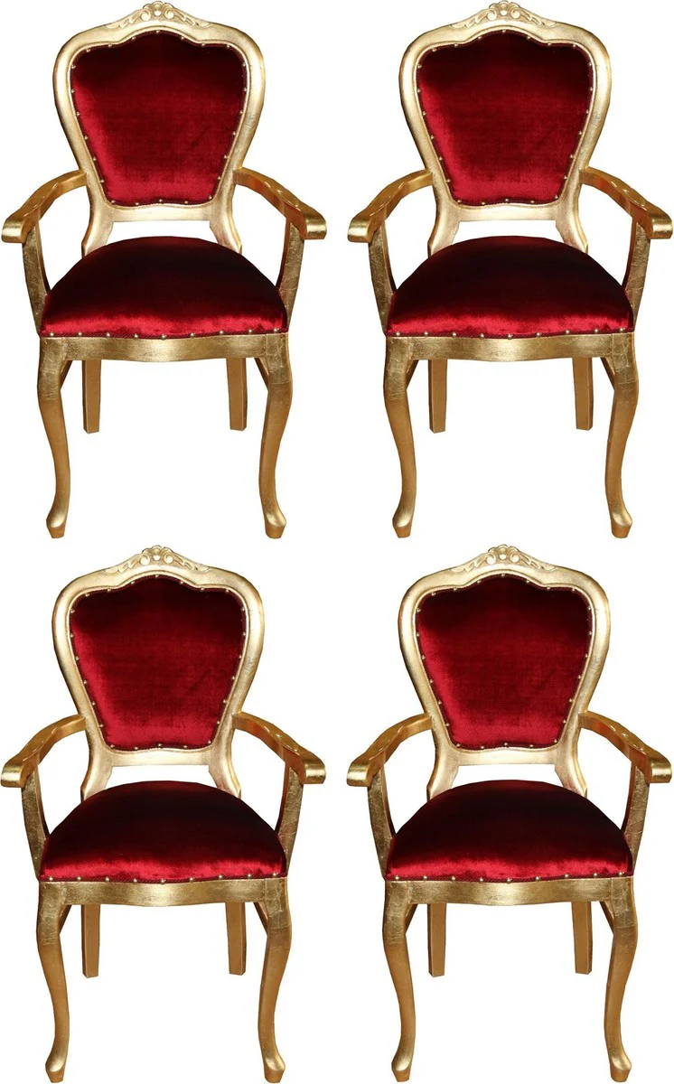 Luxury Baroque dining room set Bordeaux red / gold 60 x 47 x H. 99 cm - 4 handmade dining chairs with armrests - Baroque dining room furniture