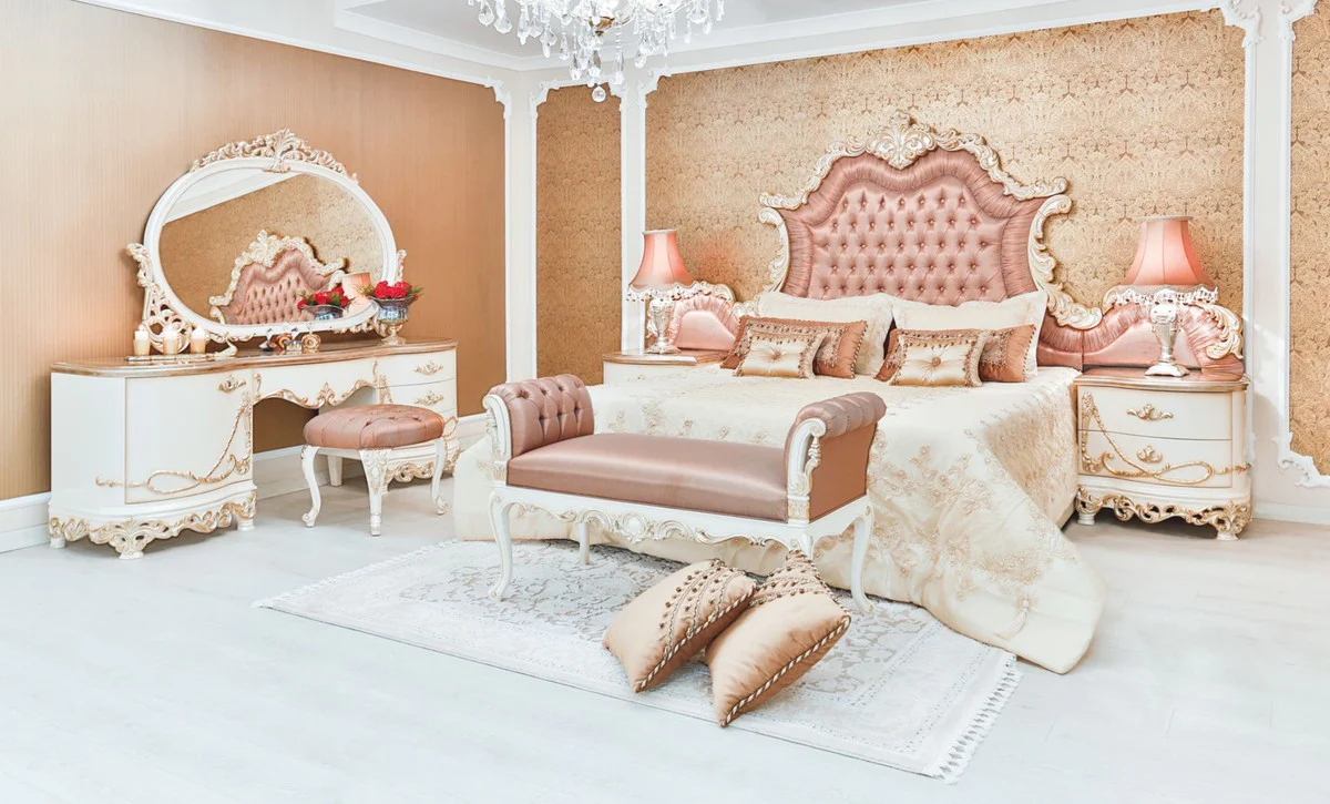 Luxury baroque bedside table set white / cream / copper 70 x 55 x H. 68 cm - Magnificent solid wood bedside tables - Baroque bedroom furniture