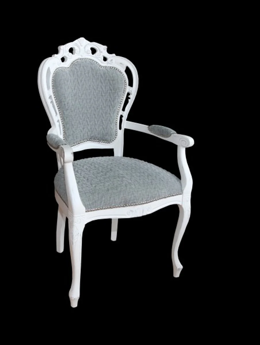 Baroque dining room chair with armrests grey-blue / antique white - designer chair - luxury quality