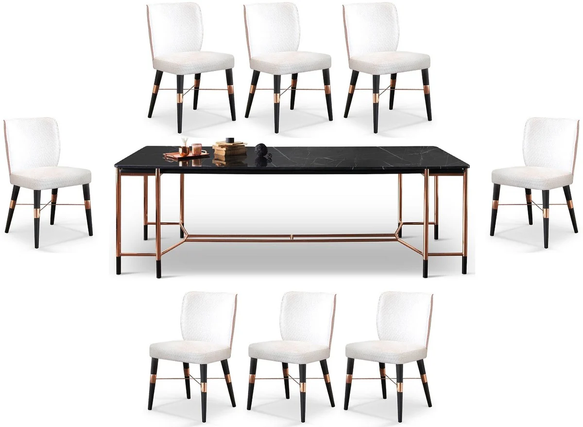 Luxury dining room furniture set white / black / copper - 1 luxury dining table with marble top & 8 luxury dining room chairs - dining room furniture - restaurant furniture - luxury furniture