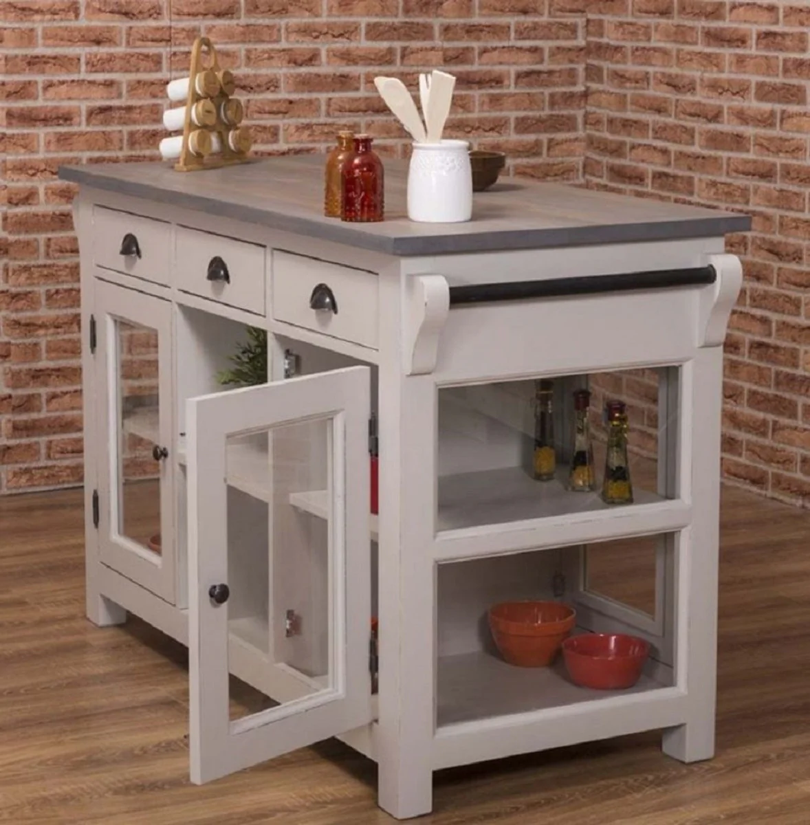 Country house style kitchen island gray 135 x 65 x H. 90 cm - solid wood kitchen cabinet - country house style solid wood kitchen furniture - solid wood dining room furniture in country house style