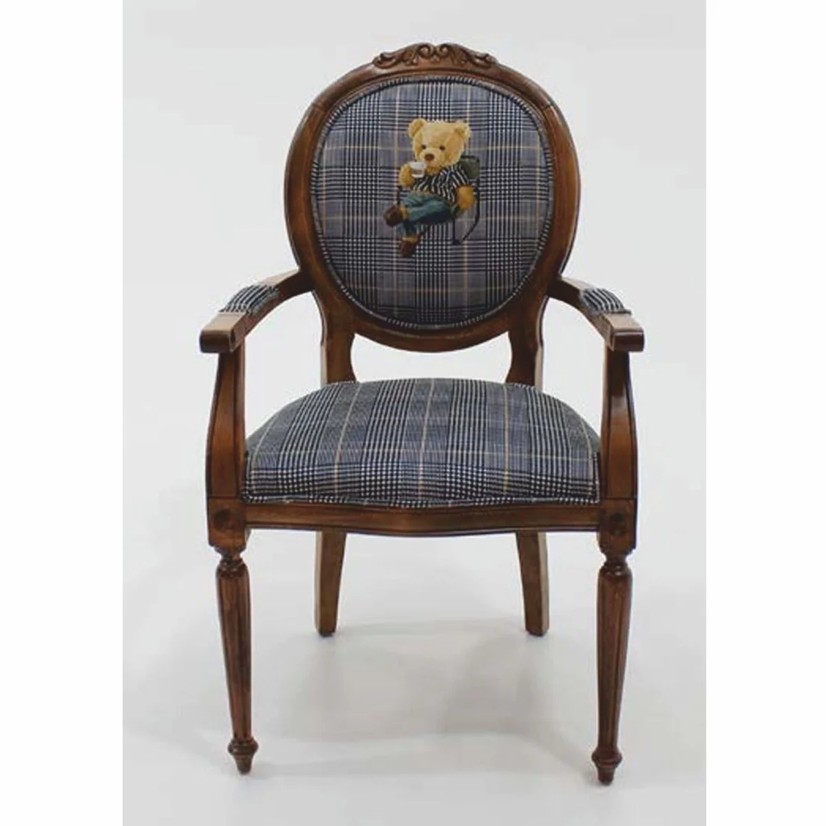 Luxury baroque dining room chair with armrests teddy bear takes a break blue / brown
