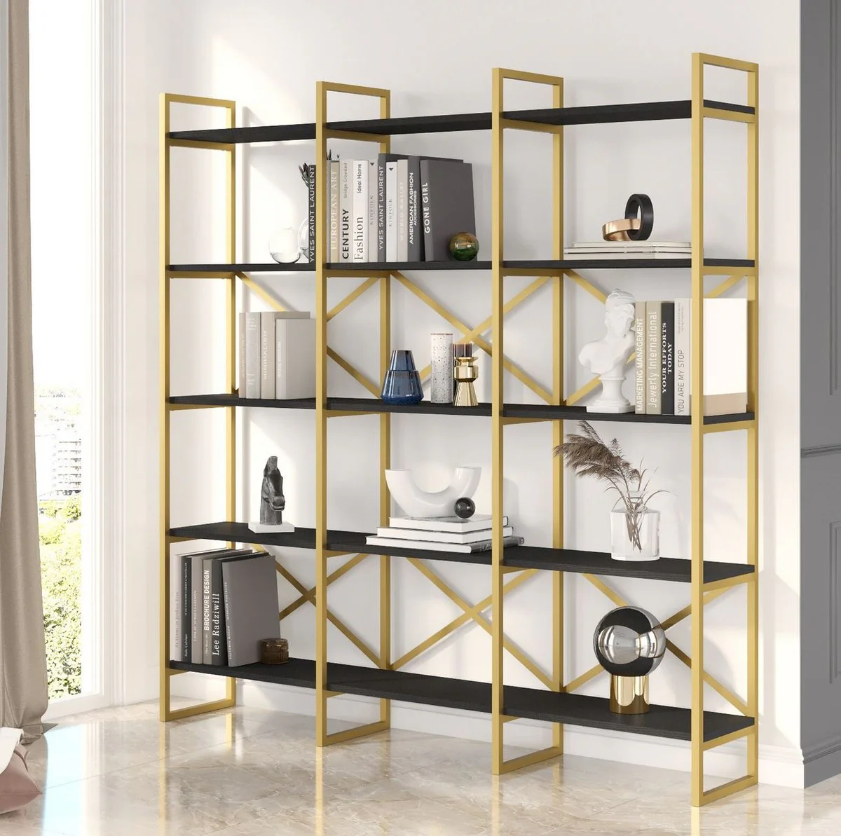 Luxury shelf cabinet with solid wood shelves gold / black 170 x 30 x H. 175 cm - bookcase - living room cabinet - office cabinet - living room furniture - office furniture - luxury furniture