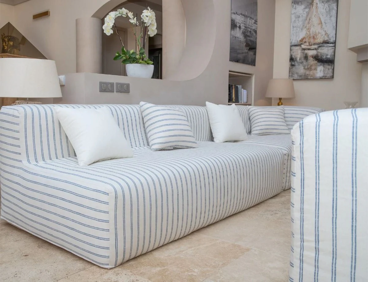 Luxury living room sofa with stripes white / blue 450 cm